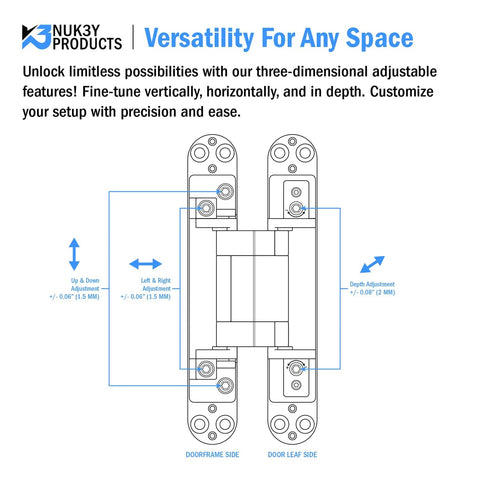 Concealed Door Hinges For 180 Degree Swing, 3 Way Adjustable, Black 6 Inch Pair Ultra Sleek showing adjustment diagram
