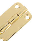 Close-up of Small Antique Gold Cabinet Hinges Set with Rounded Corners and Four Hole Vertical Iron Mounting No Fuss Retrofit Upgrade