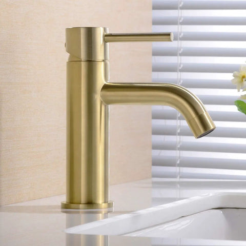 Brushed Gold Bathroom Faucet With Solid Brass Construction Single Hole Deck Mounted Lavatory Vanity Sink Faucet