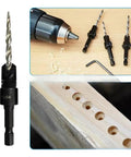 4 Pieces Hella Sharp Countersink Drill Bit Set Built Tight With Premium Steel Construction And Slick L Wrench For Seamless Woodworking Finish, showing drill bits and wood holes.