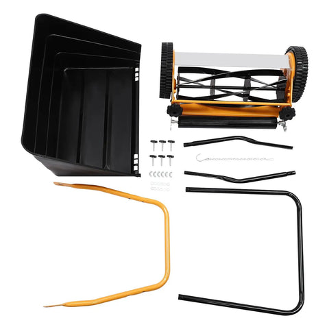 14 Inch Manual Push Reel Lawn Mower With Collection Bag And Sweeper For Easy Yard Work No Fuss 4 Sharp 5 Edged Blades For Lawns Gardens Yards Parks Golf Courses Sidewalks Driveways, parts laid out