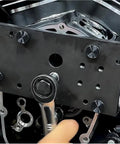 FQRANBO inner camshaft bearing remover/installer tool on Harley M8 engine; black mounting plate with holes