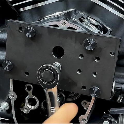 FQRANBO inner camshaft bearing remover/installer tool on Harley M8 engine; black mounting plate with holes