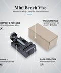 This Mini Aluminum Alloy Bench Vise Is A Compact Clamp Perfect For Jewelry Making And Precision Crafts shown with packaging.