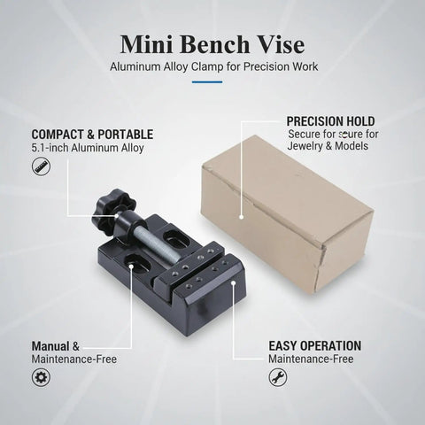 This Mini Aluminum Alloy Bench Vise Is A Compact Clamp Perfect For Jewelry Making And Precision Crafts shown with packaging.