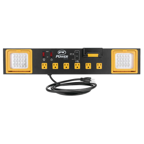 Heavy Duty Commercial Grade Power Station With Six Outlets And Two USB Ports Built In Cradle And Pivoting 1000 Lumen LED Lights