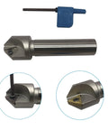 Front view: boring bar with 3/4 in shank and replaceable carbide head, blue hex key.  
Side view: cylindrical turning tool holder with 3/4 in shank and cutting head.  
Close-up: tool head showing screw-secured carbide insert.  
Close-up: gold carbide insert seated in tool head with screw.