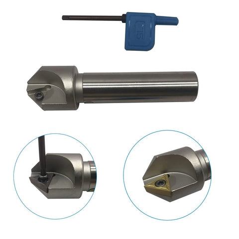 Front view: boring bar with 3/4 in shank and replaceable carbide head, blue hex key.  
Side view: cylindrical turning tool holder with 3/4 in shank and cutting head.  
Close-up: tool head showing screw-secured carbide insert.  
Close-up: gold carbide insert seated in tool head with screw.