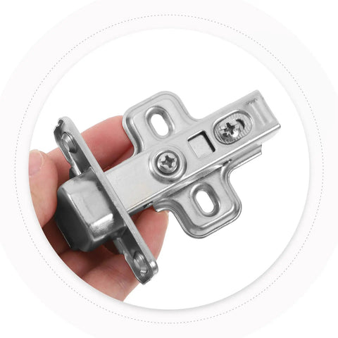 Close-up of Heavy Duty Self-Closing Cabinet Hinges With Hydraulic Soft-Close, silver thickened cold rolled steel, in hand.