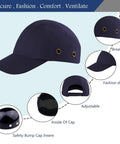Lightweight Safety Bump Cap With Removable ABS Shell And Foam Padding, breathable navy cap, shown with close-up details
