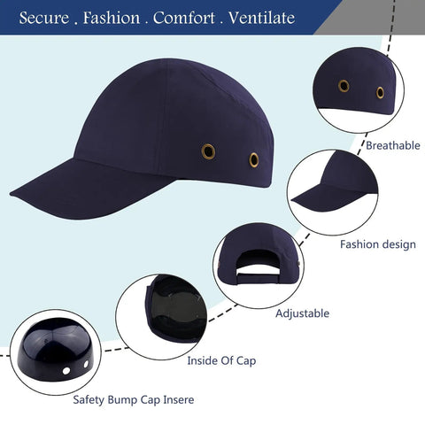 Lightweight Safety Bump Cap With Removable ABS Shell And Foam Padding, breathable navy cap, shown with close-up details