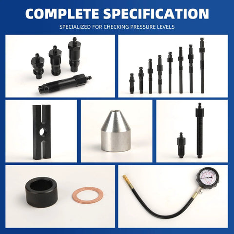 Yonligonju 17pc diesel engine compression tester kit; includes pressure gauge, hose, adapters, copper washer and fittings.