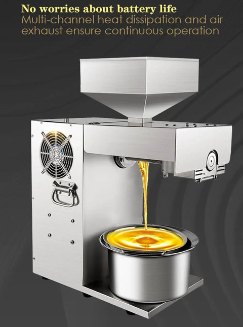 Premium Stainless Steel Oil Press Built Like Iron For Home Or Small Business Use High Output Melon Seed Cold Press Machine pouring oil.