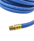 No BS 3 8 Inch Air Compressor Hose 50 Feet Long With Flexible Hybrid Rubber Build For Kicking Out Oil And Abrasion Issues Plus Being Weather Proof For Outside Use And Brass 1 4 MNPT Connectors Attaching To Any Tool You Got For Gritty Work, blue hose end with brass fitting
