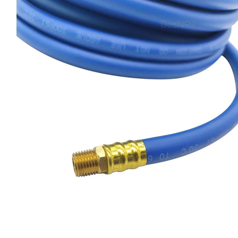 No BS 3 8 Inch Air Compressor Hose 50 Feet Long With Flexible Hybrid Rubber Build For Kicking Out Oil And Abrasion Issues Plus Being Weather Proof For Outside Use And Brass 1 4 MNPT Connectors Attaching To Any Tool You Got For Gritty Work, blue hose end with brass fitting
