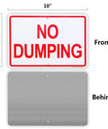 Heavy Duty Aluminum No Dumping Signs Two Pack, 10x7 inches, front with bright red 'NO DUMPING', rugged weather-resistant backing.