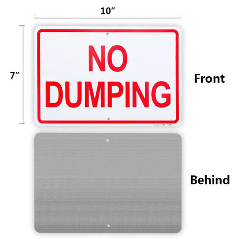 Heavy Duty Aluminum No Dumping Signs Two Pack, 10x7 inches, front with bright red 'NO DUMPING', rugged weather-resistant backing.