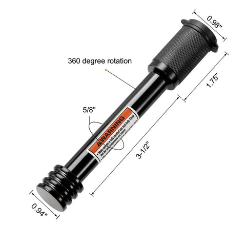 Heavy Duty Five Eighth Inch Hitch Receiver Lock Pin For Two Inch And Two And A Half Inch Hitches Class III And IV No Nonsense Security For Trailer Bike Rack Tow Rope Truck Boat And More 1 Pack, showing dimensions and 360-degree rotation feature.