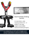 Full Body Climbing Harness CE Certified For Rock Climbing And Caving Adjustable Waist 75 To 120 Cm Leg 50 To 70 Cm Durable Polyester