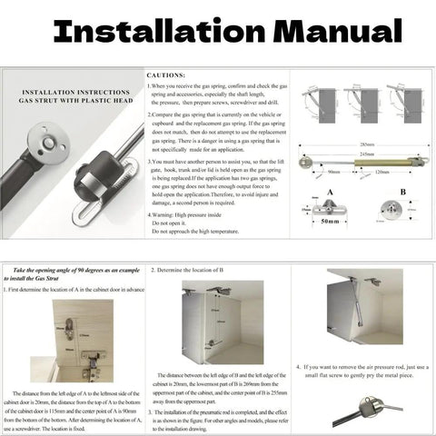 Installation manual for 4 Pack 10 Inch Cabinet Gas Struts 100N Lift Supports for Cabinets Kit With 8 Brackets And 20 Screws Included