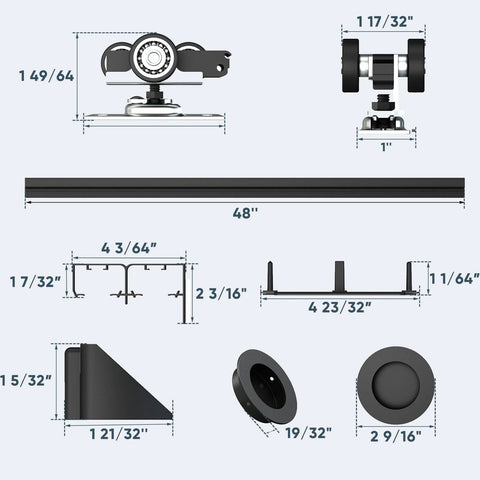 Heavy Duty Bypass Door Hardware With Finger Pulls, Aluminum Sliding Closet Door Track For Two Door System, Quiet And Smooth Operation, Fits 1 3 8 Inch Or 1 3 4 Inch Doors, Easy To Install, Black Finish, components and measurements