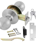 Door Knob Cylindrical Lock Storeroom Function Keyed Entry For Exterior Doors In Satin Stainless Steel Finish LH5307OB US32D UL Certified ANSI BHMA Grade 2 Commercial Heavy Duty Embassy Series with included installation hardware and keys, displayed in disassembled view