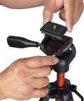 Hands adjusting mount on Lightweight Aluminum Tripod With Mount For Laser Levels And Tools Flexible And Stable On Uneven Terrain