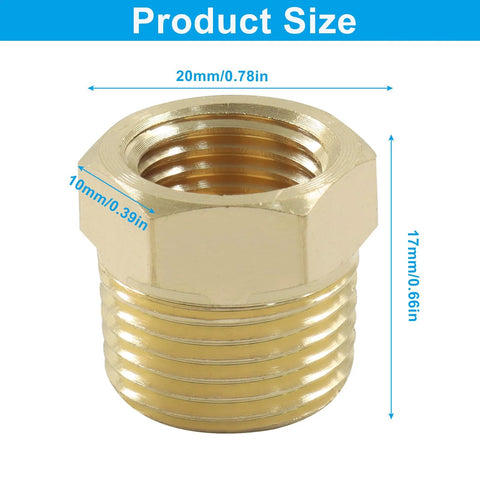 Brass NPT reducer hex bushing: 3/8 in male to 1/4 in female pipe fitting
