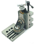 Beefy Cast Iron Mini Vertical Milling Slide With Two Inch Steel Vise And Swivel Base For 7 X 14 Mini Lathe Machine Quick Cross Slide Swap Plug And Play Setup, angled view.