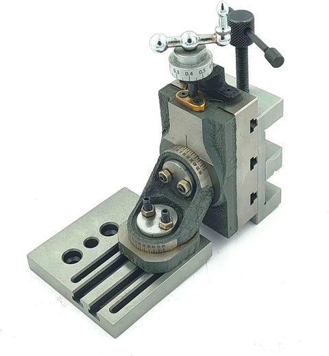 Beefy Cast Iron Mini Vertical Milling Slide With Two Inch Steel Vise And Swivel Base For 7 X 14 Mini Lathe Machine Quick Cross Slide Swap Plug And Play Setup, angled view.