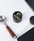 Game Changing Wdt Espresso Distribution Tool With Ten Precision Stainless Steel Needles Tailored For 51mm 53mm 54mm And 58mm Portafilters on marble countertop.