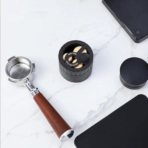 Game Changing Wdt Espresso Distribution Tool With Ten Precision Stainless Steel Needles Tailored For 51mm 53mm 54mm And 58mm Portafilters on marble countertop.