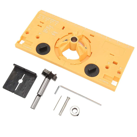 35mm hinge boring jig kit for cabinet doors; yellow ABS base with drill guide, cutter, bits and hex key