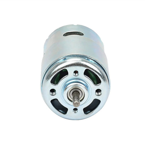 Smooth Riding DC Motor 775 Upgrade Kit Featuring Dual Ball Bearings That Kick Some Serious Torque At 12000 RPM showing front view with shiny metal casing.