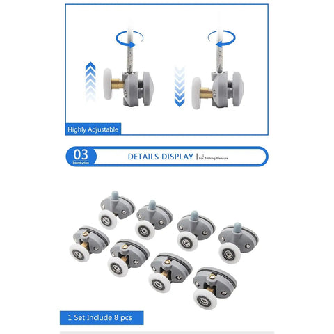 Kick Ass Abs Nylon Shower Door Roller Wheels With Slam Lock Brakes 360 Degree Swivel Slider Pulleys For Bathroom Cabinets Smooth Ride Replacement Parts Set Of Four Or Eight Pcs, highly adjustable set of 8 nylon and ABS shower door rollers.