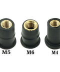 30 Piece Rubber Brass Nut Kit M4 M5 M6 For Motorcycles Windshield Well Nuts And Vehicle Body Fasteners, shown in various sizes.