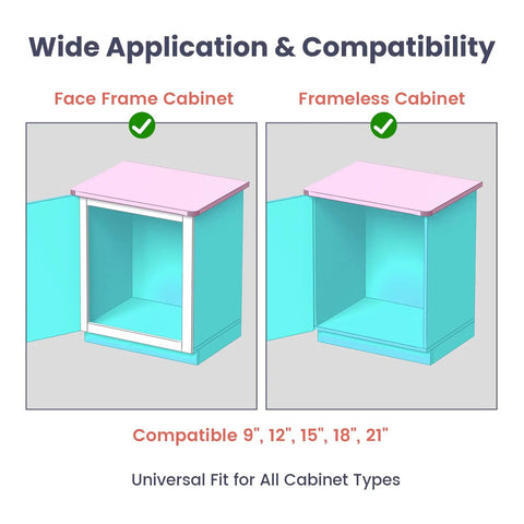 Diagram showing face frame and frameless cabinet compatibility with Undermount Soft Close Drawer Slides 9 Inch Full Extension Concealed.