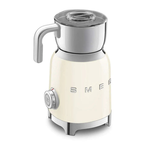 Retro 50s Style Milk Frother with Induction Heating and Removable Jug Pro Grade Foam for Hot or Cold Froth 6 Preset Programs Two Frothing Disks Stainless Steel Cream Finish Barista Quality at Home, front view