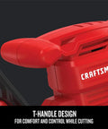 Close-up of T-Handle on Hedge Trimmer 17 Inch Corded With Dual Action Blades Up To Five Eighths Inch Cut Capacity, red plastic handle.