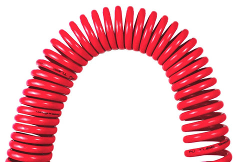 Heavy Duty Polyurethane Recoil Air Hose Self Coiling Compressor Line 1/4 In By 25 Ft coiled red air hose on white background.