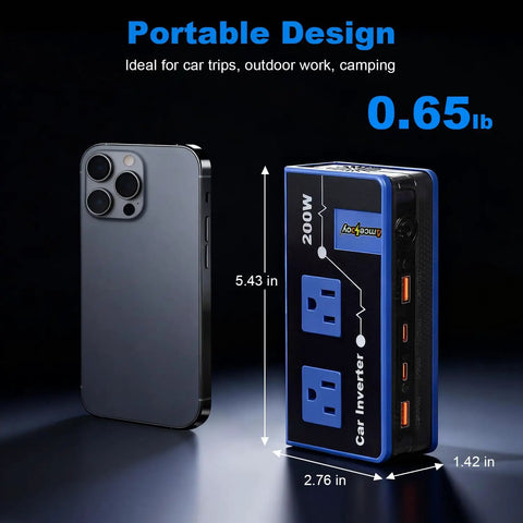 Tailgate Ready 200W Car Power Inverter With Dual 110V AC Outlets And Rapid 24W USB-C Charging For Weekend Warriors And Laptop Power On The Go Sleek Blue Finish next to smartphone for size reference