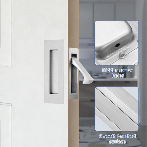 Dope Pocket Door Hardware Set With Edge Pulls And Flush Recessed Pulls in Brushed Nickel on door, hidden screw details