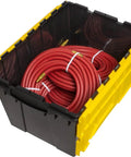 Heavy Duty 12 Gallon Storage Containers With Attached Lids, Stackable Workshop Totes For Garage Organization Setup, Built Like A Tank Plastic Bins In Black And Yellow filled with red hoses.