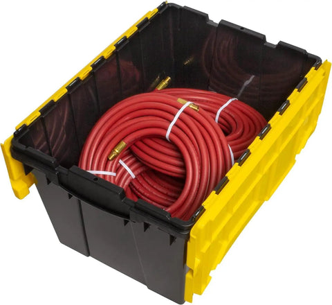 Heavy Duty 12 Gallon Storage Containers With Attached Lids, Stackable Workshop Totes For Garage Organization Setup, Built Like A Tank Plastic Bins In Black And Yellow filled with red hoses.