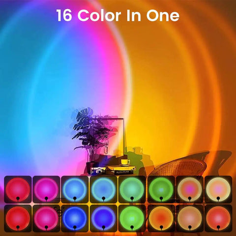 Sunrise Mood Lamp With Remote, 16 Color Changing Sunset Projector For Bedroom casting vibrant rainbow effect on wall.
