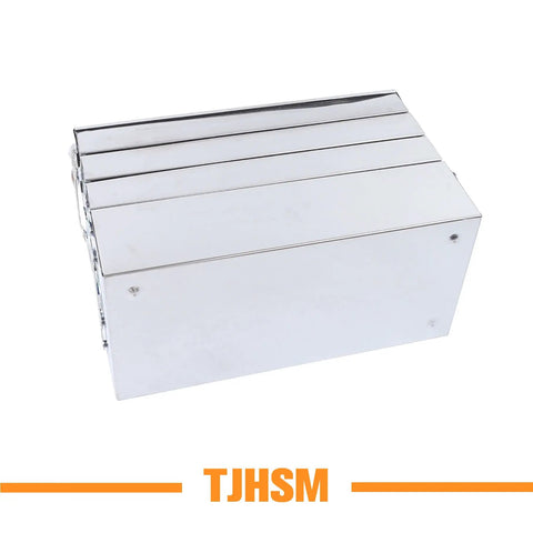 Heavy Duty Stainless Steel Toolbox With Dang Tough Carry Handle Features Four Tier Seven Tray Folding Cantilever Rack For Garage Shop Or Home Office Delivers Heaps Of Nifty Tool Storage And Slick Parts Sorting Daily - top view of folded cantilever toolbox.