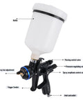 Pro Grade HVLP Paint Sprayer Gun with 600 milliliter cup shows trigger switch, valves, and bottle for precision use.