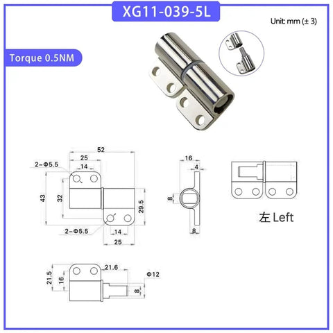 Detachable damping hinge, zinc alloy with mounting plate; front view shows two mounting holes and adjustable torque