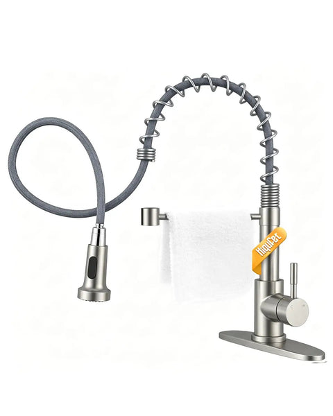 Solid Choice High Arc Kitchen Faucet With Long Reach Pull Down Sprayer And 360 Swivel Spout Single Handle Stainless Steel Mount with towel holder.