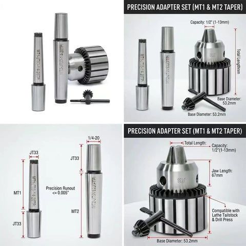 Gotta Love This Bad Boy Jt33 To Mt1 And Mt2 Drill Press Chuck Adapter Set With Bonus Chuck Key shown from multiple angles.